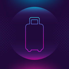 Baggage luggage outline vector icon. Flat thin button symbol. Neon luminous sign. Trip, traveling, travel concept. Ultra violet Trendy design web logo, mobile app, website social media, UI