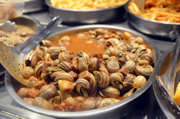 Edible snails stewed in wine sauce with vegetables and bacon