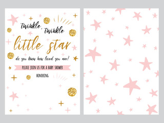 Baby shower invitation template, backgtround with pink stars design, vector set