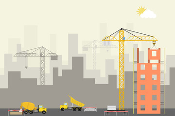Modern building construction. Construction site with a crane, concrete truck and dump truck.