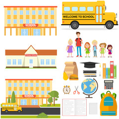 Naklejka premium School, school supplies, pupils, school bus.