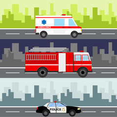 An ambulance, a fire truck, a police car on a city landscape background. Service auto vehicle, public and emergency transport, urban roadside assistance.