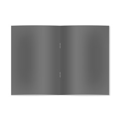 Vector realistic opened black notebook, brochure or magazine on staple mockup with sheet of A4. Blank front view of centre pages of sketchbook or notepad template for store catalog, cafe menu design
