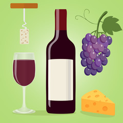 A bottle of wine, a glass of wine, a corkscrew and cheese. Grapes.