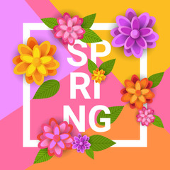 Floral Spring Graphic Design With Colorful Flowers In Frame On Bright Background Flat Vector Illustration