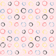 Pastel scandinavian seamless pattern with grunge colorful circles on tender pink background. Vector chalk scribble girlish polka dot texture for textile, wrapping paper, cover, surface, wallpaper