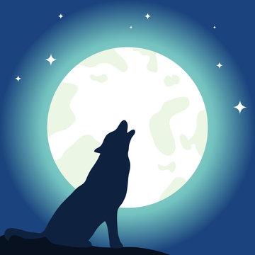 The wolf howls to the moon. Moon and wolf.