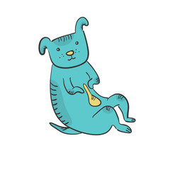 Flat funny hand drawn sketch of sitting outline blue dog. Thoughtful tired doodle dog with light yellow belly and hatching shadow. Cute animal symbol of 2018 chinese year