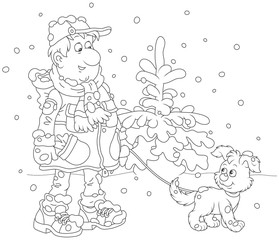 Winter walk with a dog. A man wearing warm clothes and walking over snow with his funny pup, a black and white vector illustration in cartoon style for a coloring book
