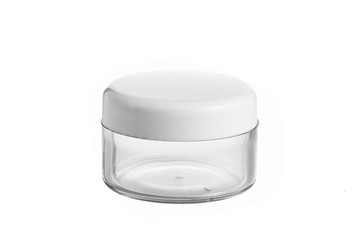 empty plastic, glass jars cosmetic, lotion packaging on a white background