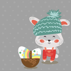 Easter baby bunny in hat and overalls holding big basket full of decorated egg, isolated whire rabbit with ears hunting eggs, vector illustration card