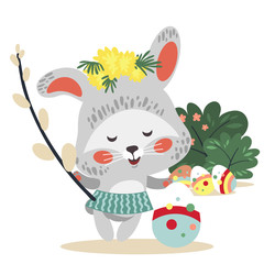 Easter baby bunny in wreath of dandelions holding big decorated egg and willow branch, isolated whire rabbit with ears hunting eggs vector illustration card