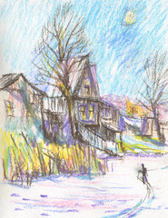 village in the winter sketch