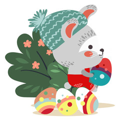 Easter baby bunny in overalls holding big decorated egg, isolated whire rabbit with ears hunting eggs sitting under a green bush vector illustration card
