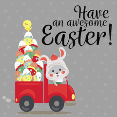 Set of Easter bunny drive car with truck, decorated eggs hunter holding full basket, cute white rabbit auto driver hunting, happy holiday vector greeting card, spring hare isolated illustration