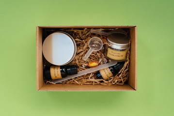 Flat lay of homemade  body and skin care creams