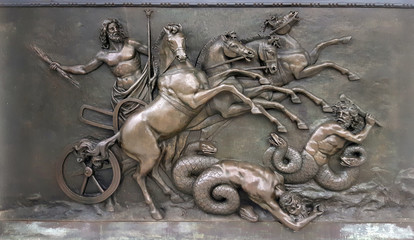 Metallic Panel depicting with Zeus, greek ancient god, in war chariots during battle against evil...