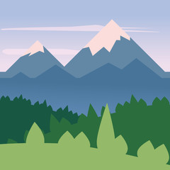 Landscape minimalistic, mountains, sea, trees, flat, isolated, vector, illustration