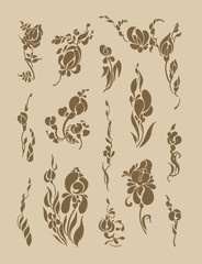 A set of isolated vegetation silhouette objects on a light background.
The stylized buds and leaves of irises, roses and gladioli. Corner ornament of flowers
and an ornament in the band.