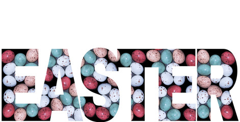 Text / letters "Easter", greeting card with colorful colored Easter eggs. © lara-sh