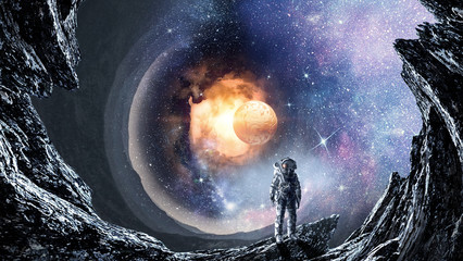 Space hole and astronaut. Mixed media