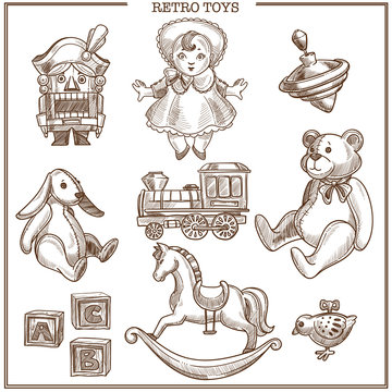 Retro toys sketch collection vector hand drawn isolated vintage icons set