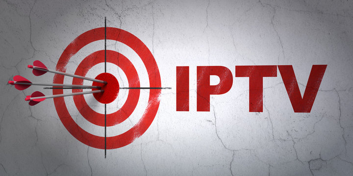 Success web design concept: arrows hitting the center of target, Red IPTV on wall background, 3D rendering