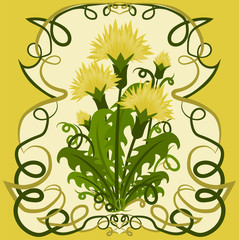 Floral card with dandelions in art nouveau style, vector illustration