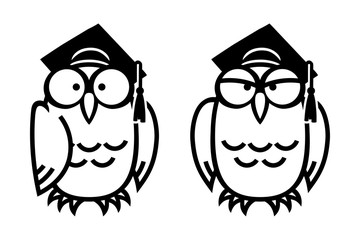 Funny owls in square academic caps, hand drawn vector illustration in comic style, isolated on white.
