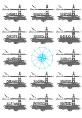 Lighthouse on brush stroke seashore. Clouds line with retro airplane icon and city name text. Vector set