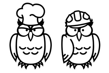Funny owls: owl-cock and owl-worker, hand drawn vector illustration in comic style, isolated on white.