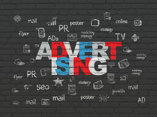 Marketing concept: Painted multicolor text Advertising on Black Brick wall background with  Hand Drawn Marketing Icons
