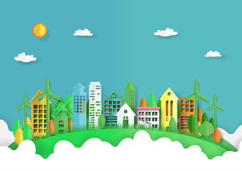 Obraz premium Green eco friendly city and nature forest urban landscape background.Paper art of ecology and environment conservation creative idea concept design.Vector illustration.