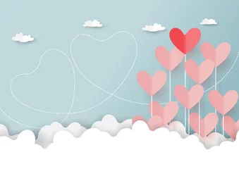 Foto op Plexiglas Paper art style of valentine's day greeting card and love concept.Origami floating hearts from clouds on blue sky background.Vector illustration. © Man As Thep