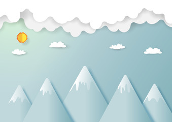 Nature landscape with clouds and mountains background.Paper art of ecology and environment conservation creative idea concept design.Vector illustration.