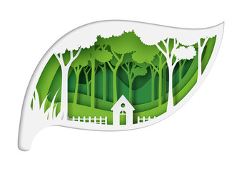 Green eco friendly living and forest nature landscape with ecology and environment conservation concept design with leaf shape of paper art style.Vector illustration.