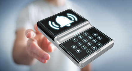 Businessman using home alarm security device 3D rendering