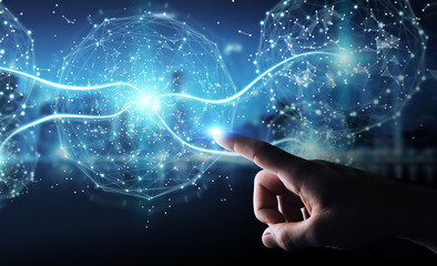 Businessman using digital network connection sphere 3D rendering