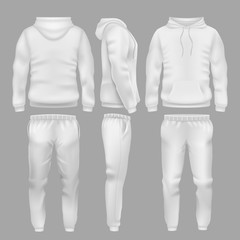 White hooded sweatshirt with sports trousers. Active sport wear hoodie and pants vector templates