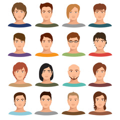 Fototapeta premium Young cartoon man portraits with various hairstyle. Male avatars vector set