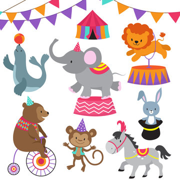 Circus child show cartoon animals vector set