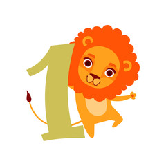 Funny cute lion animal and number one, birthday anniversary, learn to count concept cartoon vector Illustration