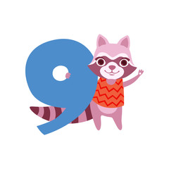Funny cute raccoon animal and number nine, birthday anniversary, learn to count concept cartoon vector Illustration
