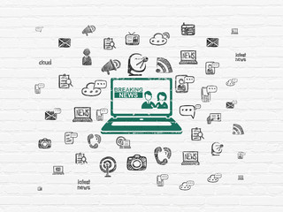 News concept: Painted green Breaking News On Laptop icon on White Brick wall background with  Hand Drawn News Icons