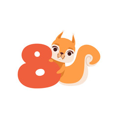 Funny cute squirrel animal and number eight, birthday anniversary, learn to count concept cartoon vector Illustration