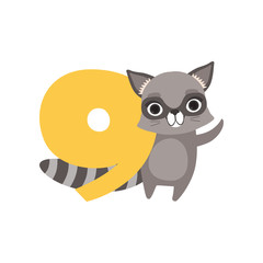 Funny raccoon animal and number nine, birthday anniversary, learn to count concept cartoon vector Illustration