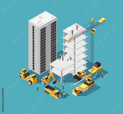 Download "Building construction vector 3d isometric concept with builders and heavy equipment. House ...