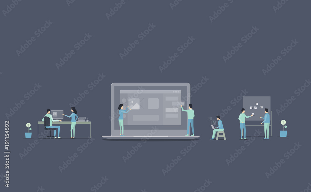 Poster web application develop and web design process team ,and people business team working concept