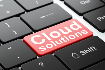 Fototapeta premium Cloud computing concept: computer keyboard with word Cloud Solutions, selected focus on enter button background, 3D rendering