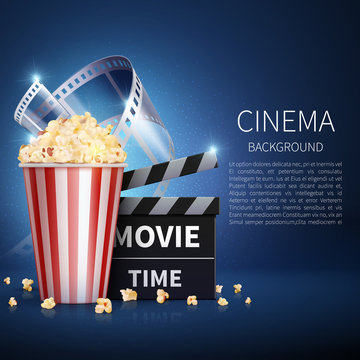 Cinema 3d movie vector background with popcorn and vintage film. Retro cinema poster